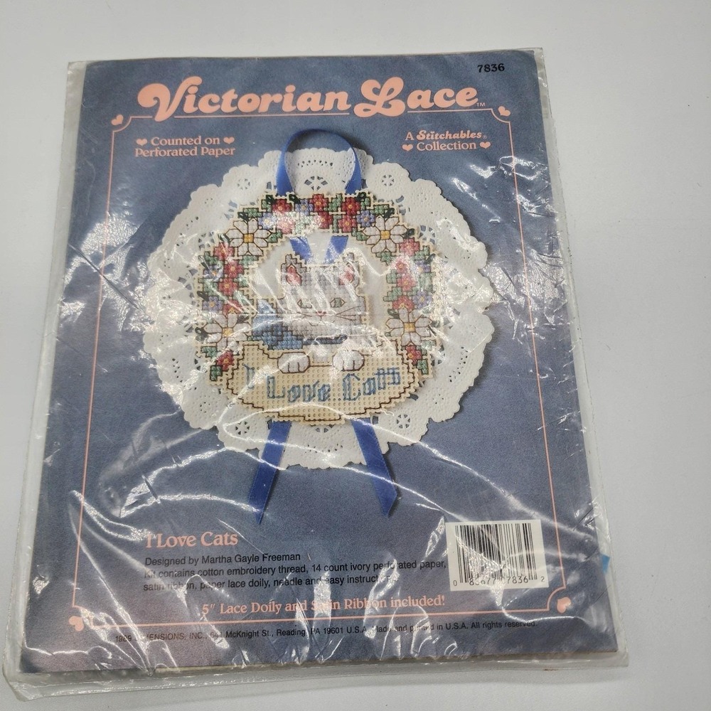 Cross Stitch Kit Victorian Lace I Love Cats Vintage 1989 NIP Martha Freeman 7836